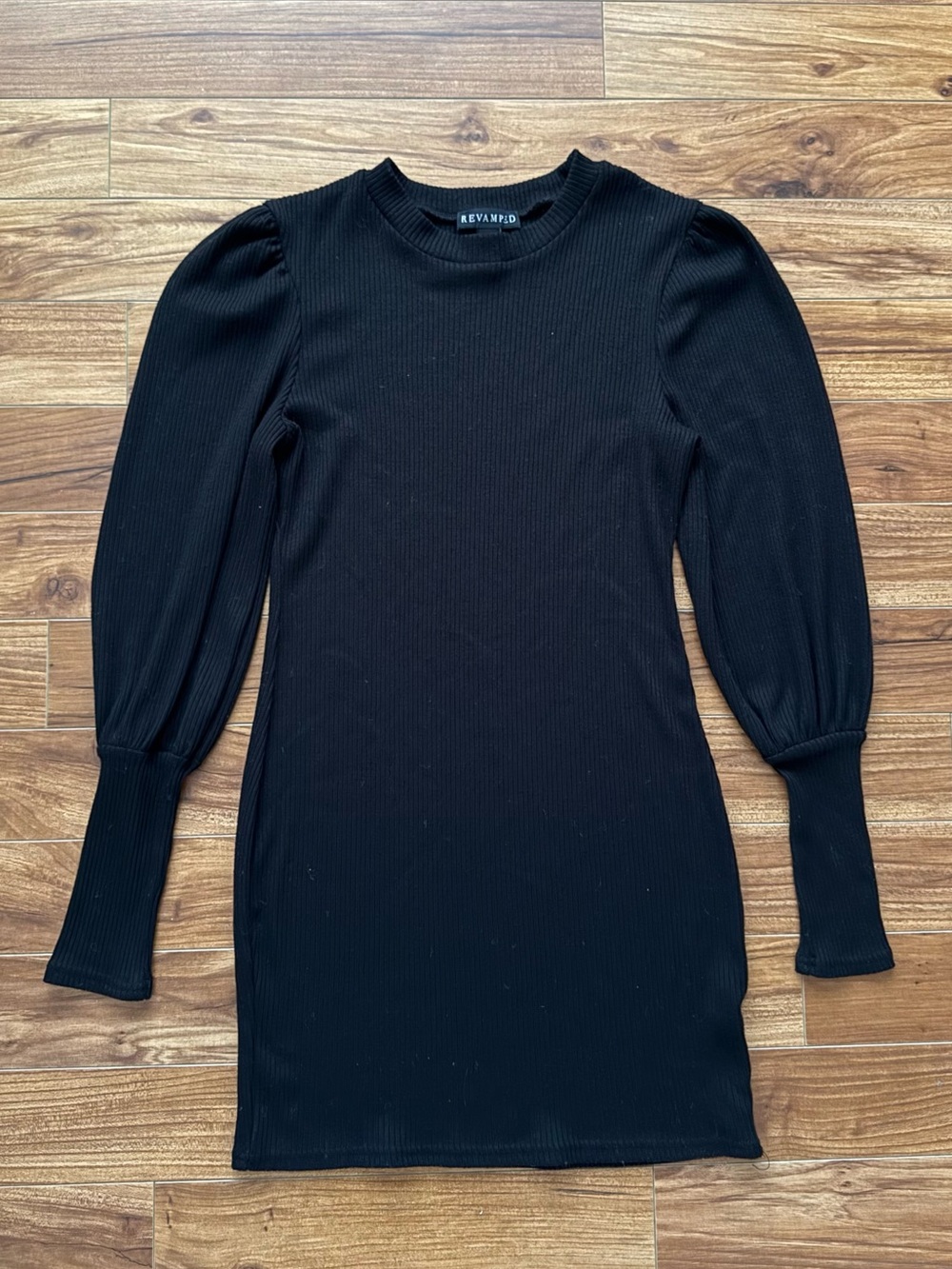 Revamped Black Ribbed Long Sleeve Puff Sleeve Sweater Dress Size Medium